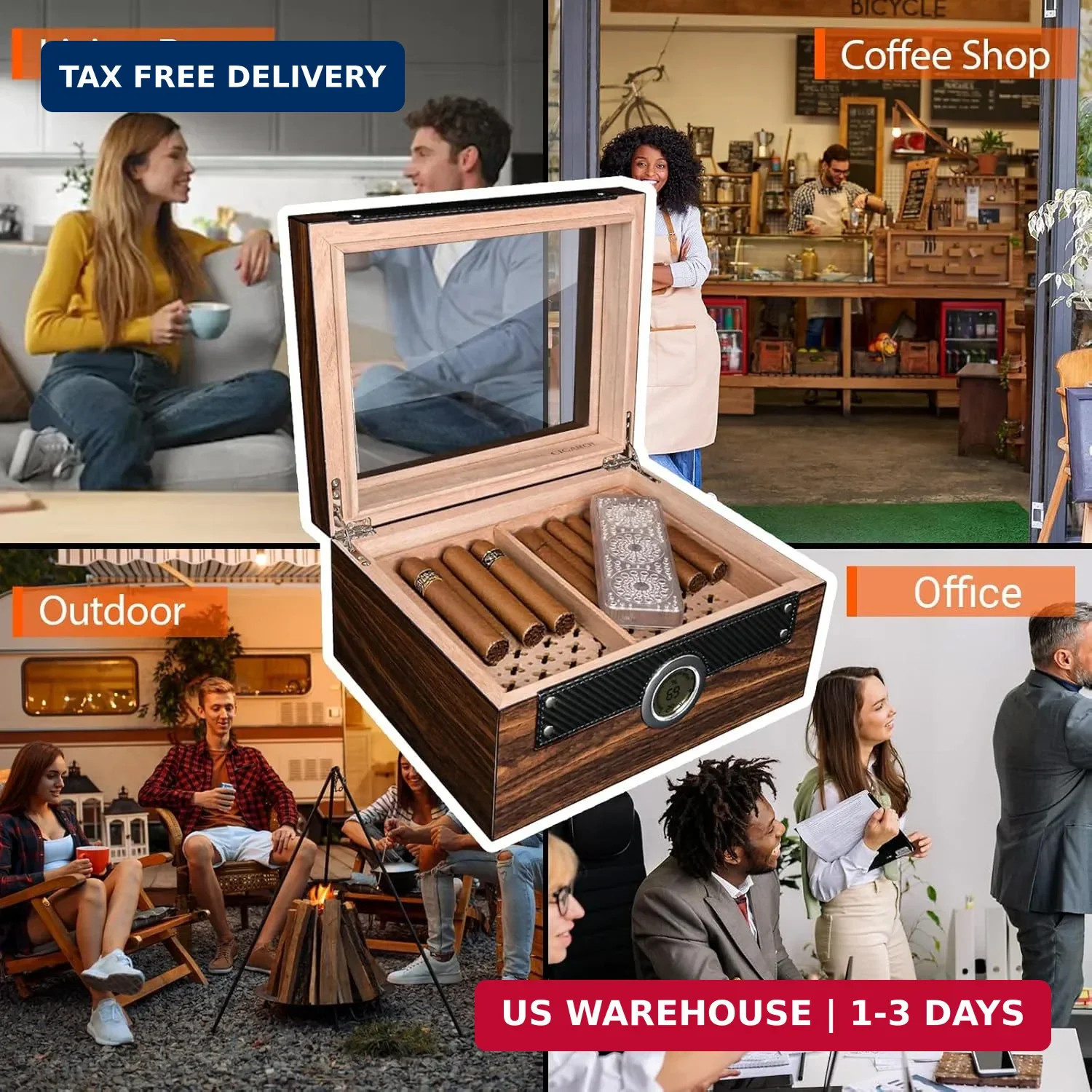 Cigar Humidor with Glass Top & Spanish Cedar Wood, Desktop Humidor with Digital