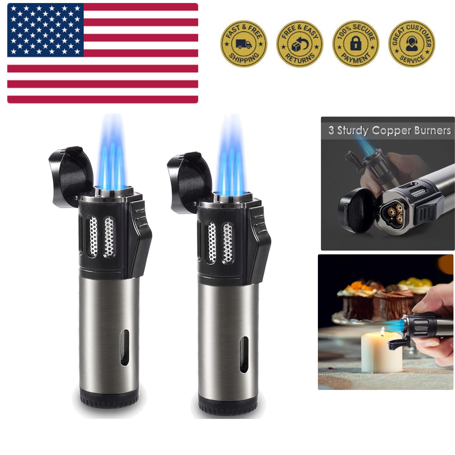2 Pack Torch Lighter Triple 3 Jet Flame Butane Gas Lighter Refillable Jet Tor…