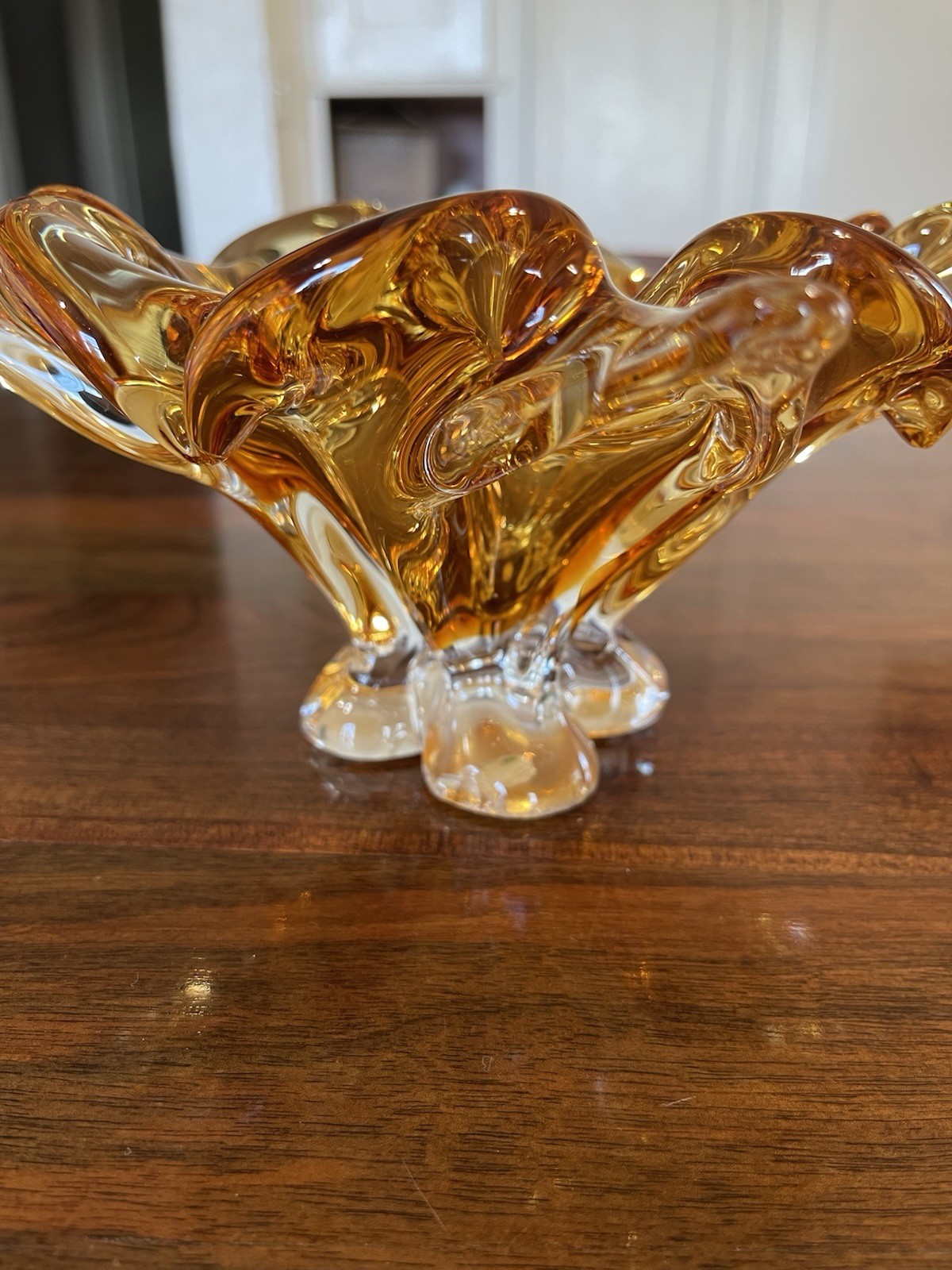 Vintage Chalet Amber & Clear Glass Ruffled Flower Ashtray 10″ Long x 4″ Tall