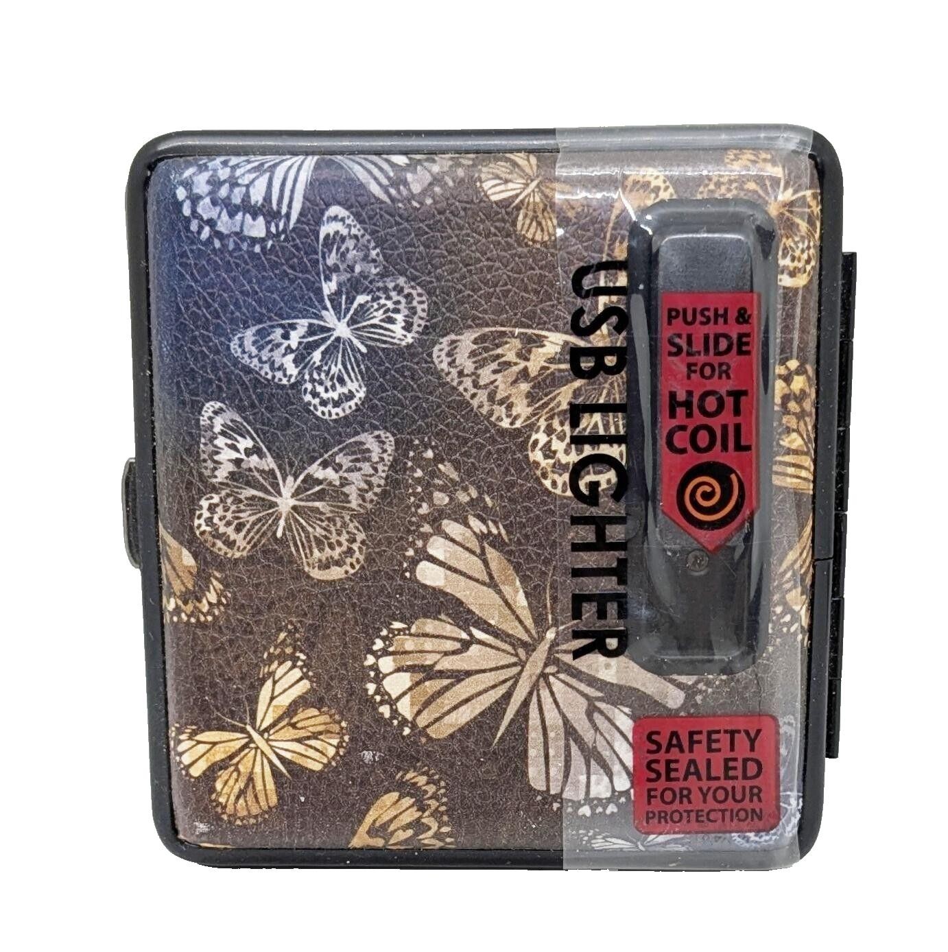 Butterflies PU Leather King Size USB Lighter Built In Cigarette Case -Has Flaws