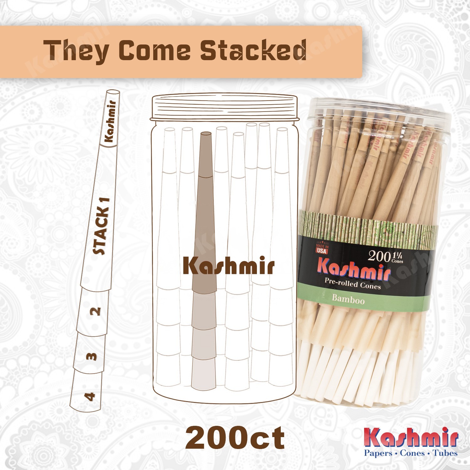 1 1/4 Size Bamboo Rolling Paper Cones Pre Rolled Natural Cones 200 Ct Kashmir