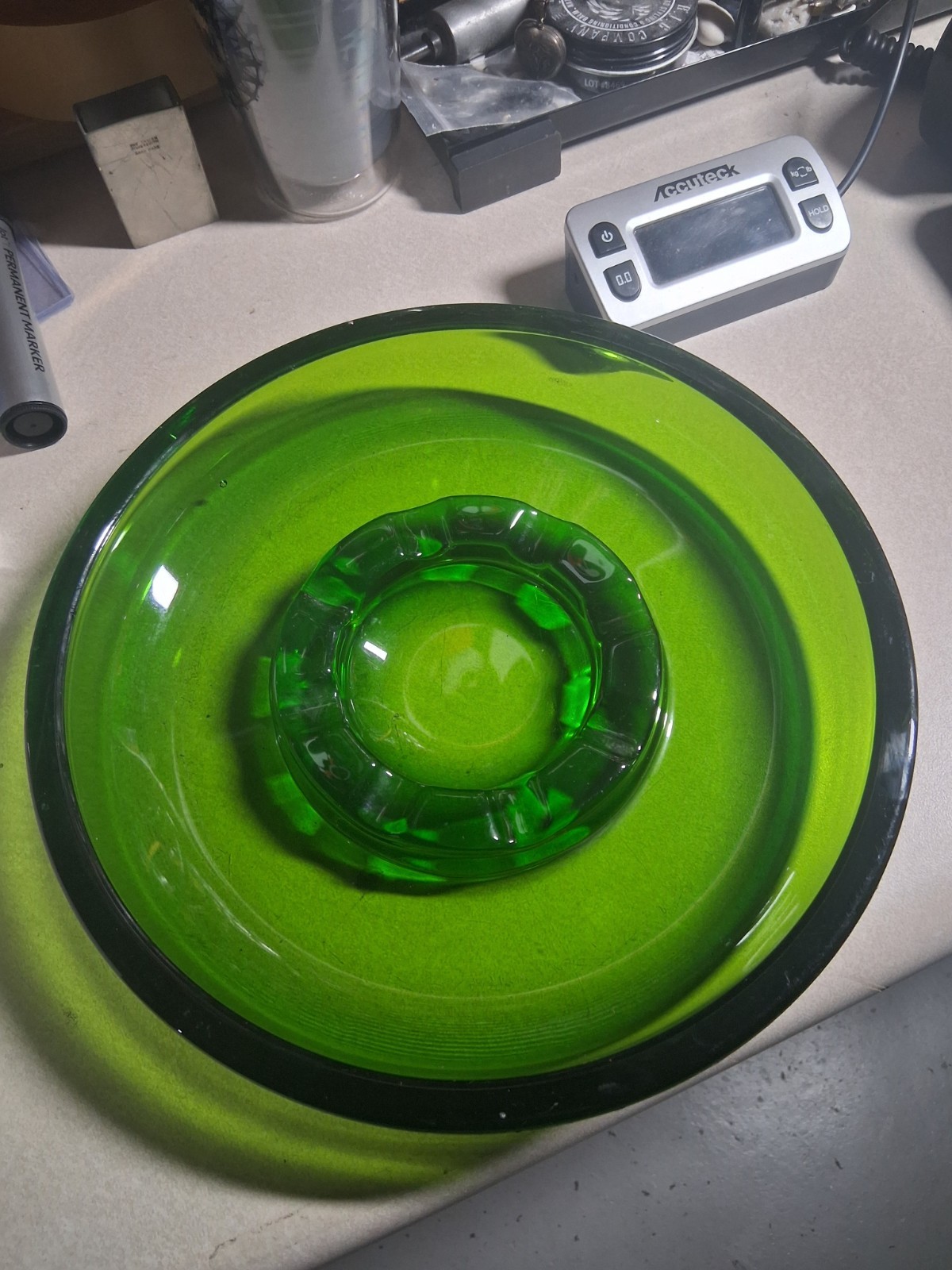 Large Retro Round 10” Vintage Ashtray- Green Glass 5 Lbs