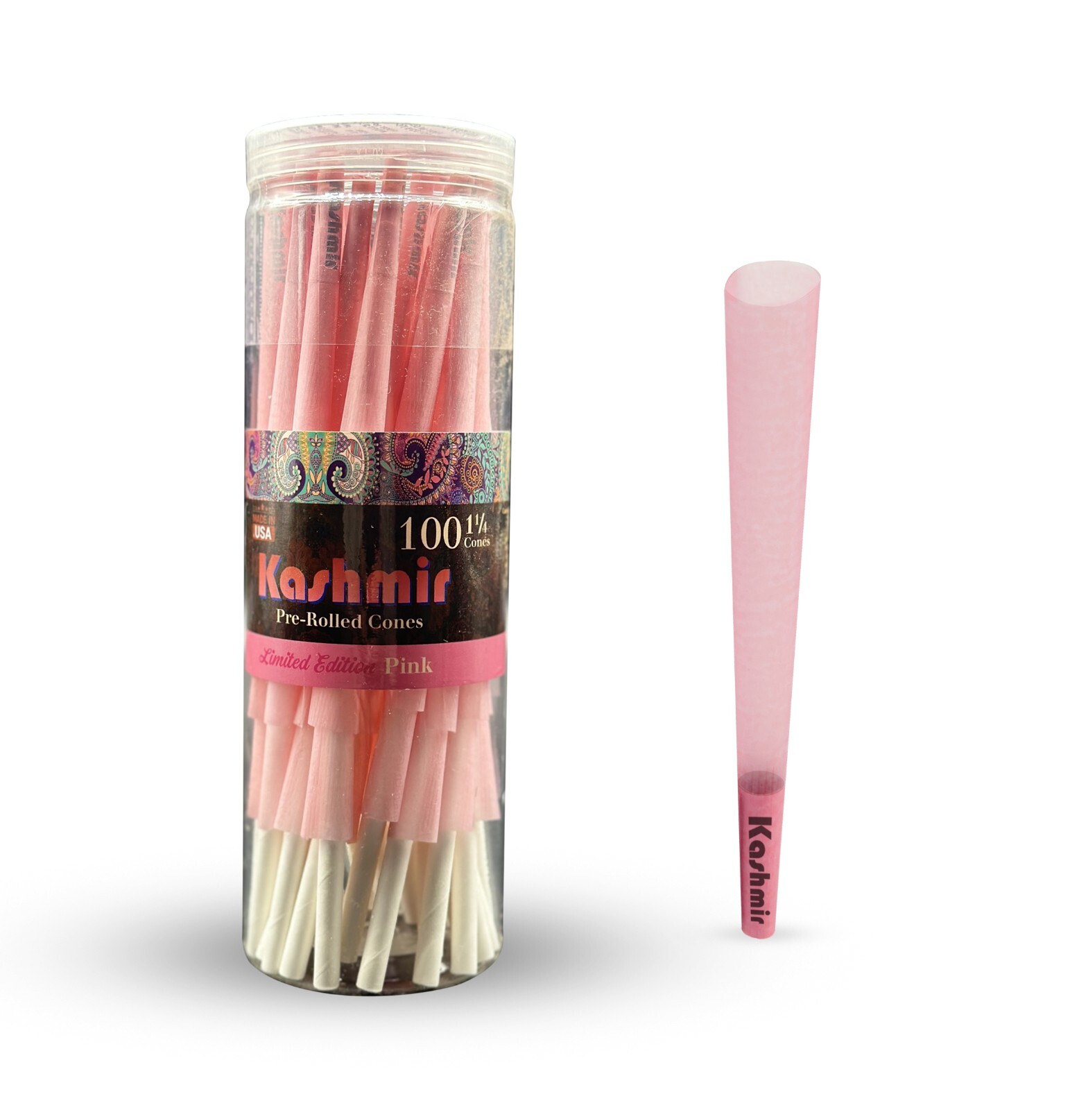 Kashmir Pre Rolled Cones Pink Rolling Papers 1 1/4 Natural Gum & Smooth 100 Ct