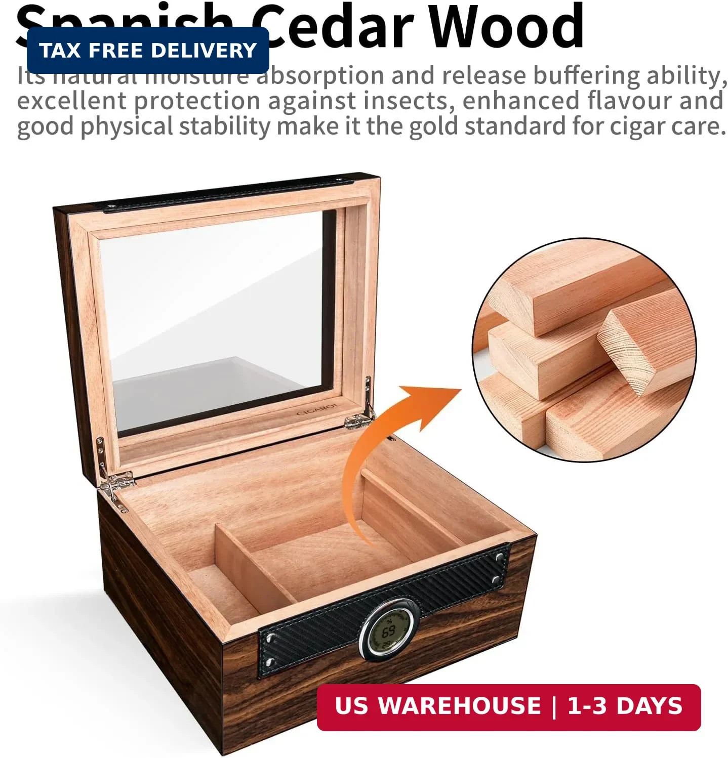 Cigar Humidor with Glass Top & Spanish Cedar Wood, Desktop Humidor with Digital