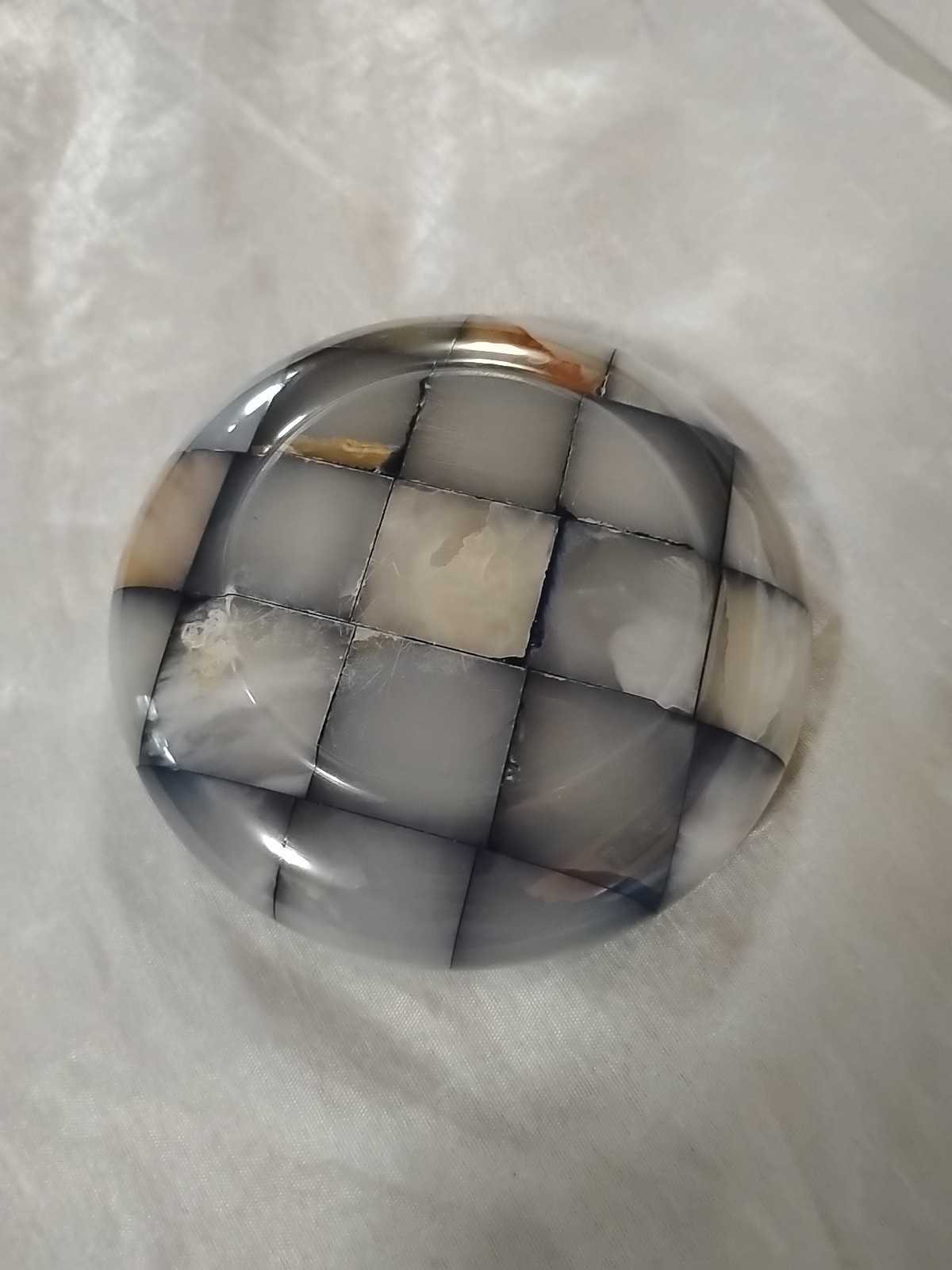 Vintage 1950s Checkerboard Italian Onyx Marble Polished Round Ashtray Decor
