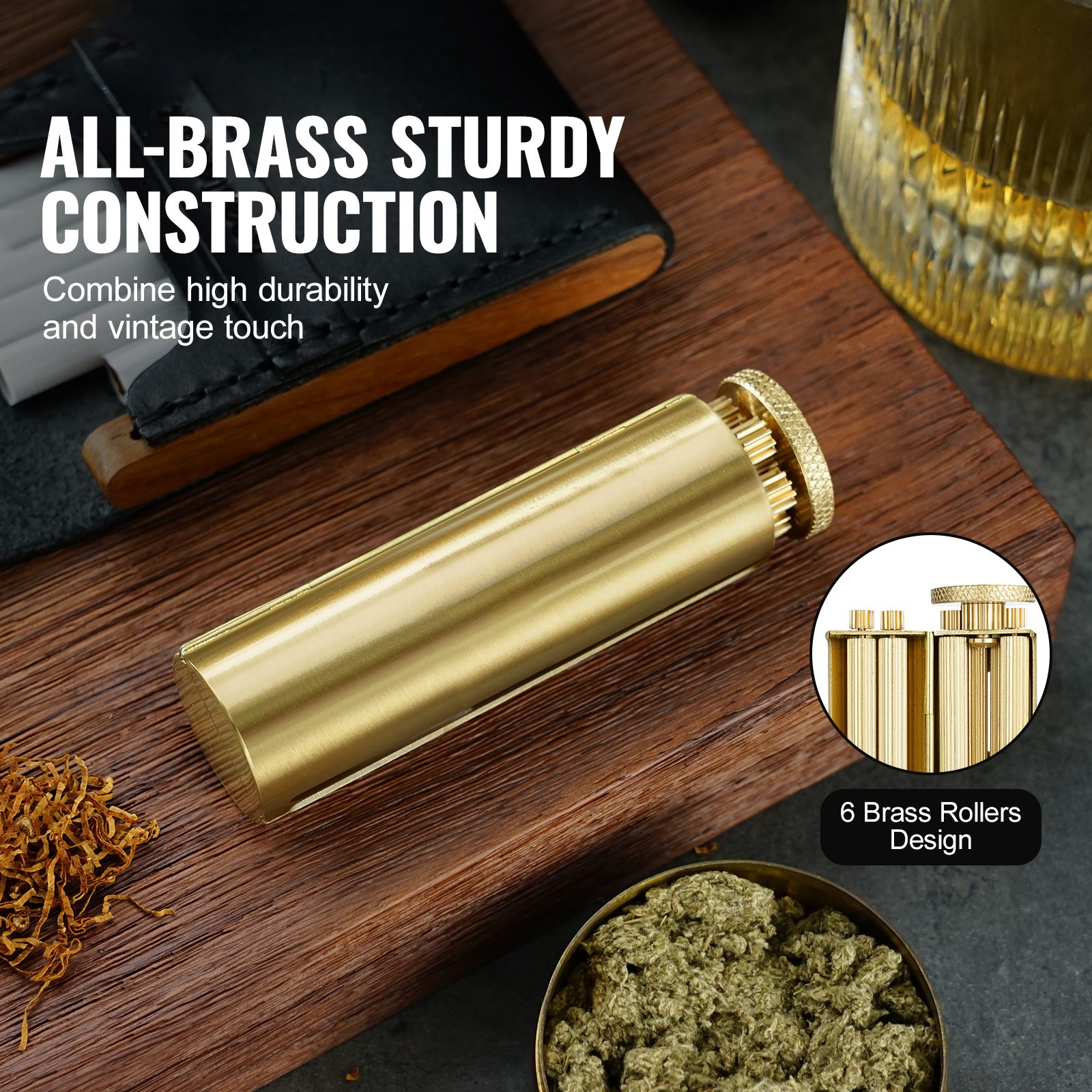 VEVOR Cigarette Rolling Machine Solid Brass Tobacco Roller Fits Up to 70mm Paper