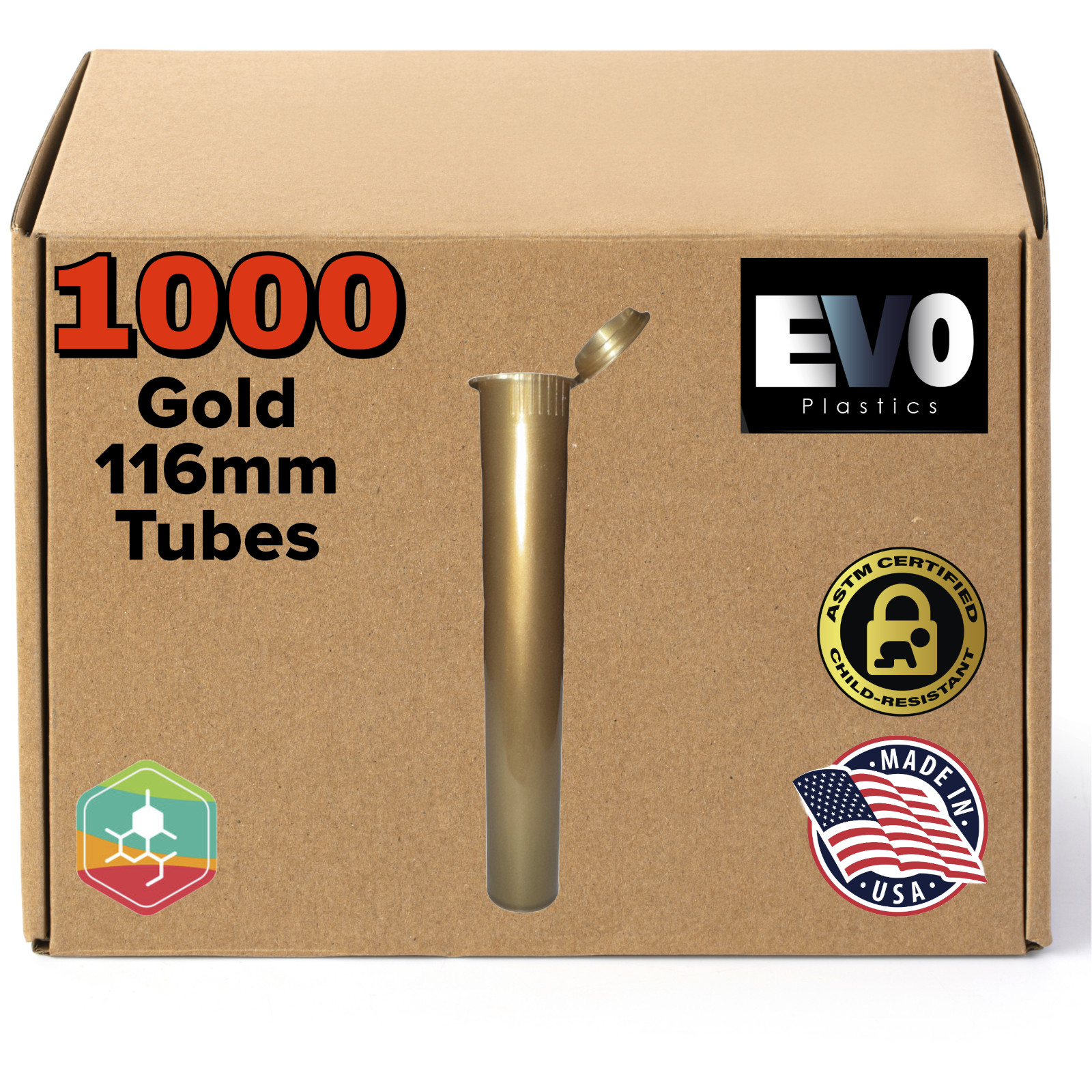 116mm Tubes – Gold – 1000 count , Pop Top Joints, BPA-Free Pre-Roll – USA Made