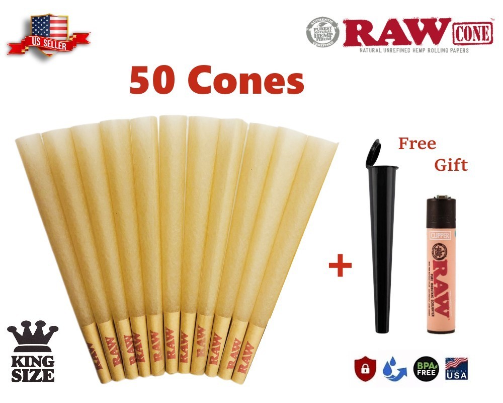 Authentic RAW Classic King Size Pre-Rolled Cones 50 Pack & Black Tube & Lighter