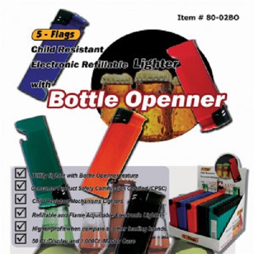 5 Flags Refillable Butane Lighter Assorted Colors With Bottle Opener Pack of 50