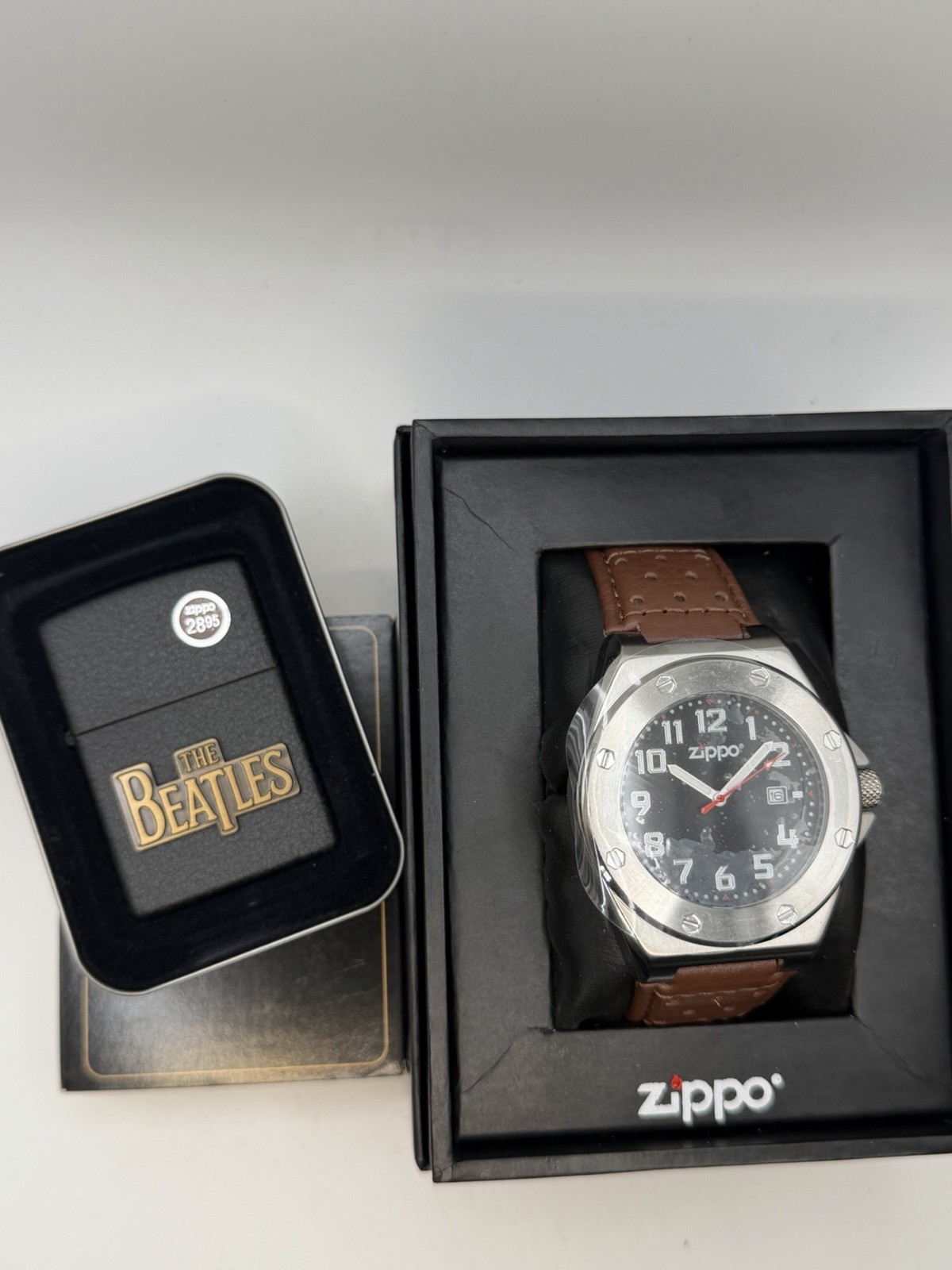 1997 Beatles Gold Emblem Black Crackle Zippo Lighter W/ Casual Men’s Watch Mint