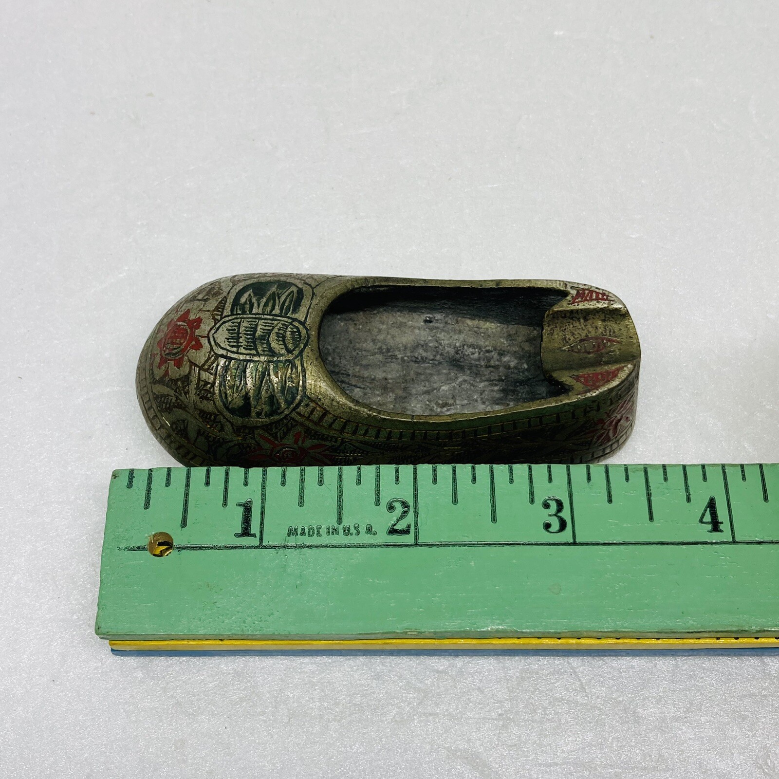 Vintage 1970s Brass Shoe Ashtray Daisy Flower Engraved Ornate Art Decor O