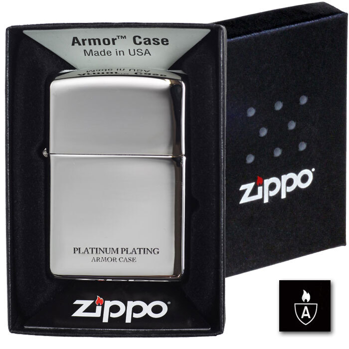 Armor Case Titanium Platinum Plating Silver Side Logo Zippo Oil Lighter MIB