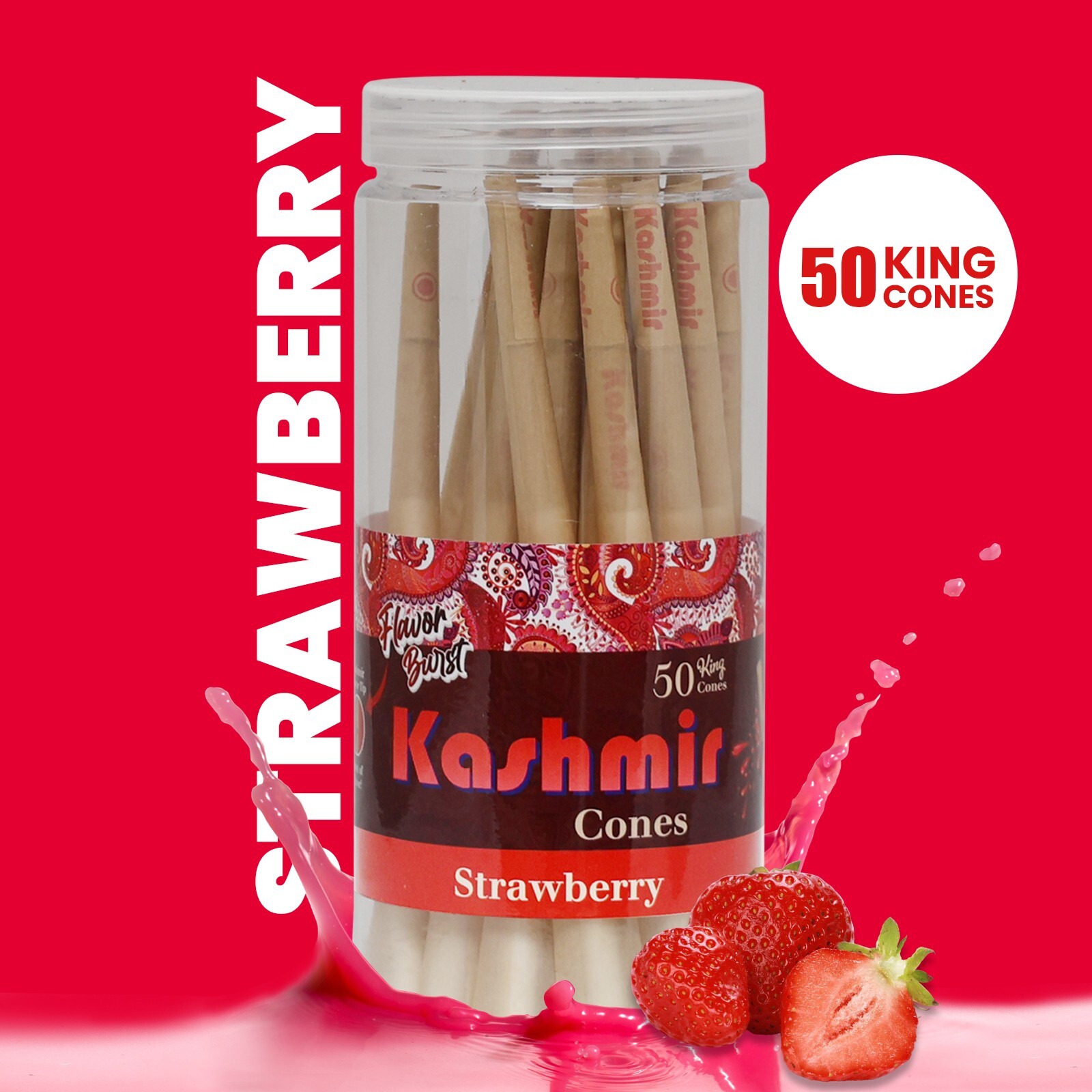 Kashmir Pre Rolled Cones King Size Strawberry Flavored Rolling Paper Cones 50 Ct