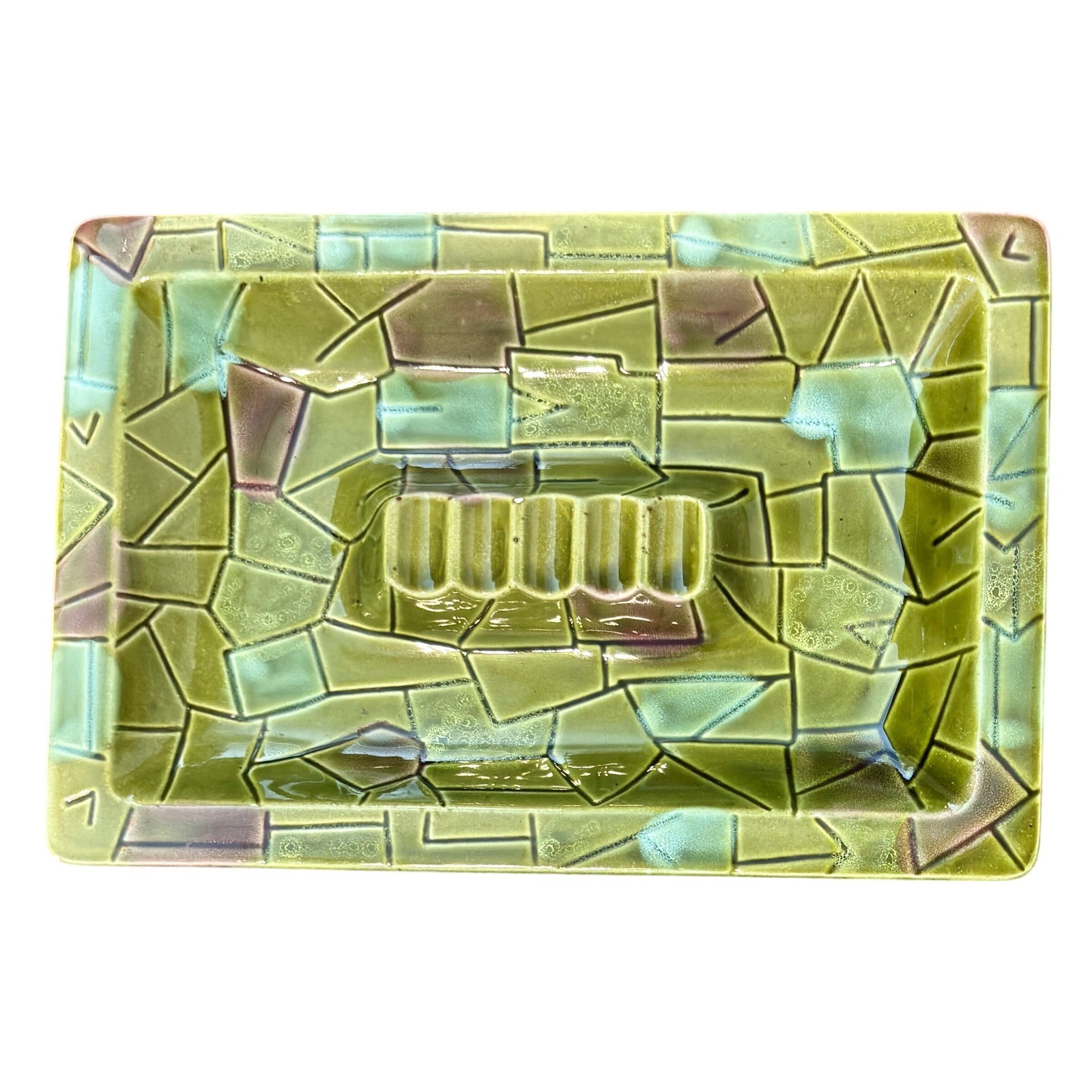 Vintage Ceramic Ashtray Unisex Large Green Geometric Mosaic Excellent Retro