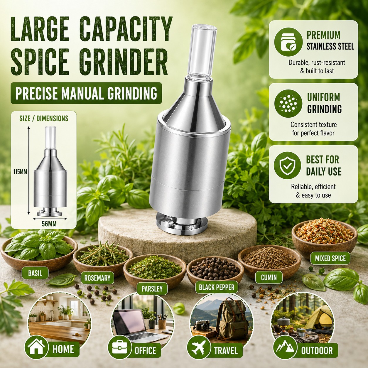 56mm Big Size Manual Metal Spice Powder Grinder Hand Crank Funnel Container Tool