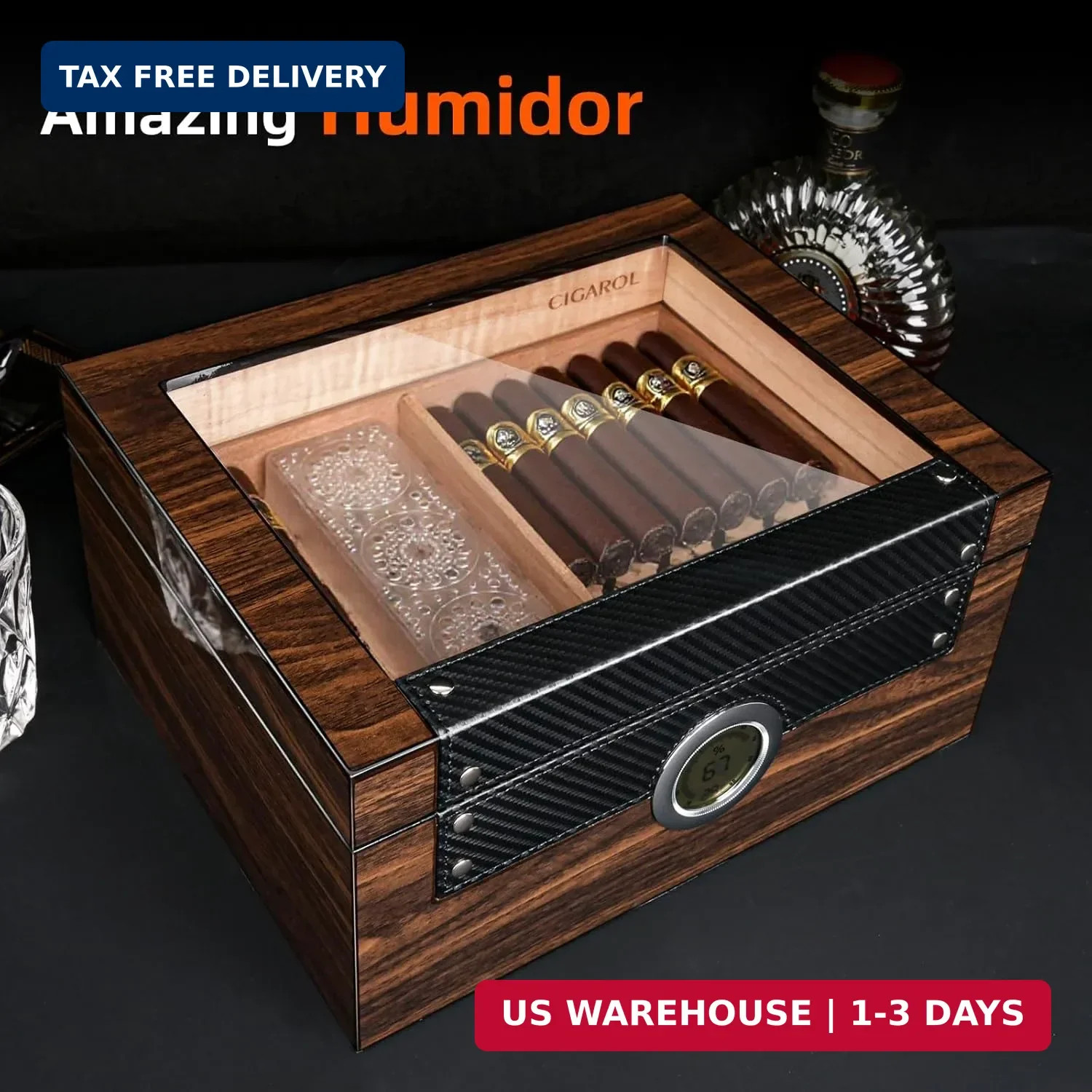 Cigar Humidor with Glass Top & Spanish Cedar Wood, Desktop Humidor with Digital