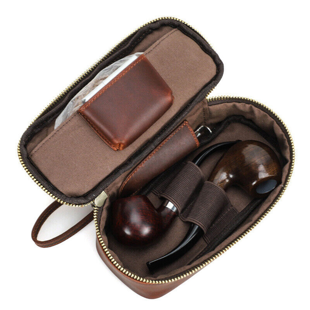 Genuine Leather Tobacco Smoking Pipe Case Lighter Bag Portable 2 Pipes Pouch Bag