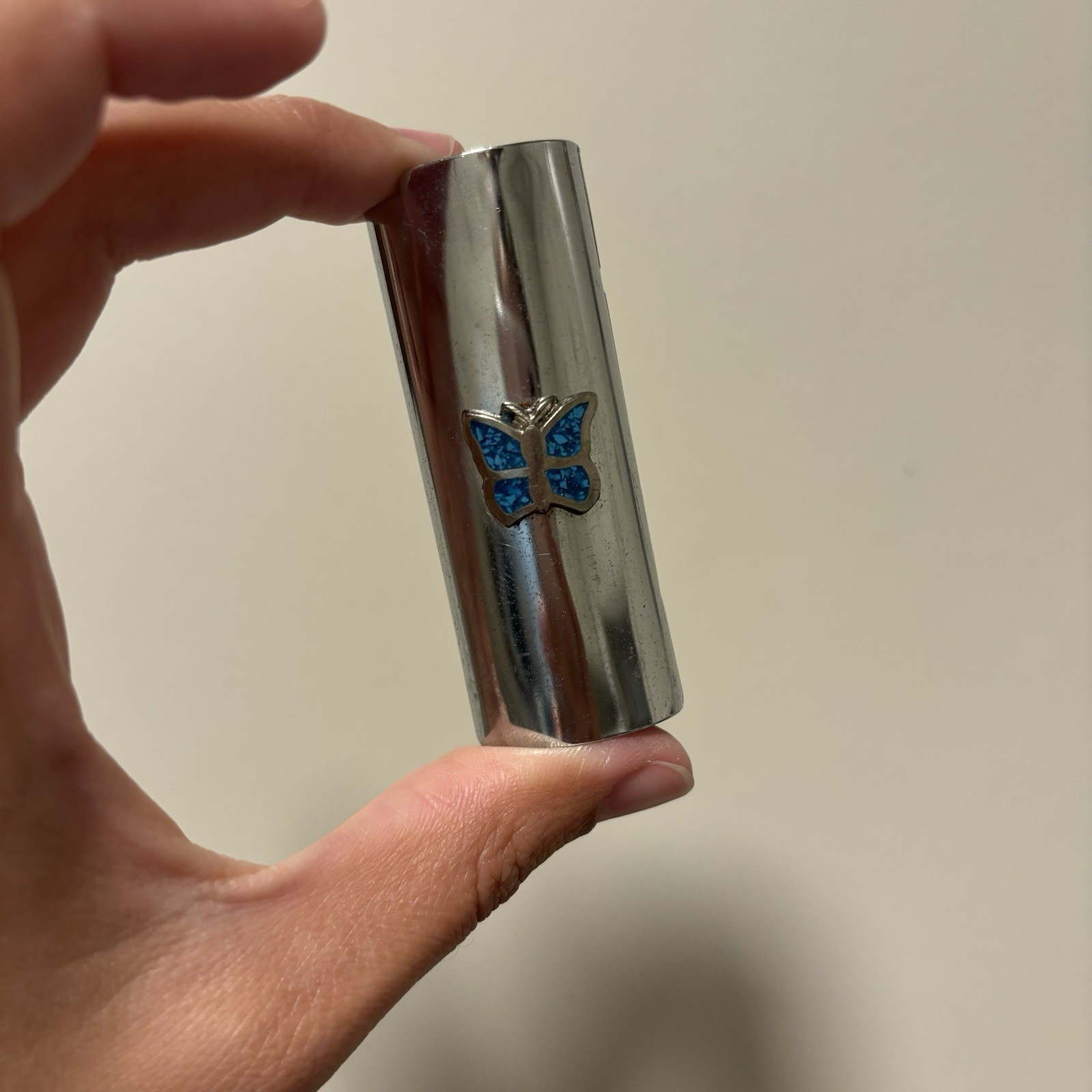 Vintage Lighter Case Butterfly Turquoise Coral Inlay Silver Tone Sleeve