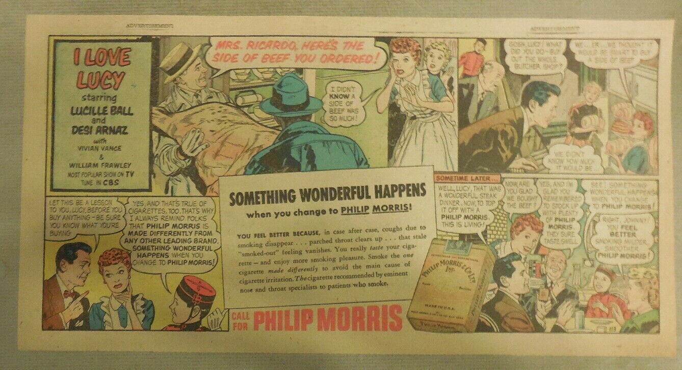Phillip Morris Cigarette Ad: I Love Lucy, Lucille Ball 1950’s 7.5 x 15 inches