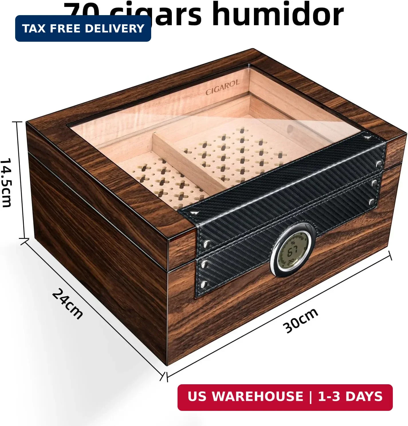 Cigar Humidor with Glass Top & Spanish Cedar Wood, Desktop Humidor with Digital