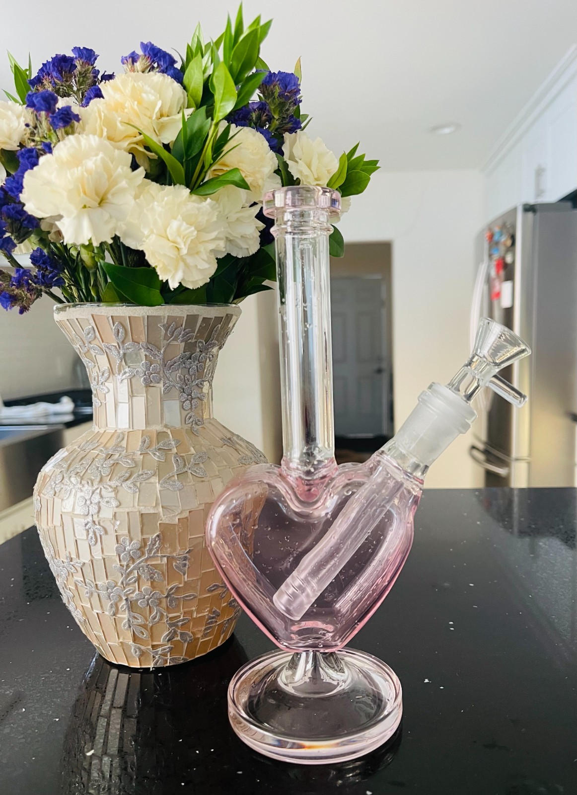 8″ Pink Clear Thick Glass Heart Water Pipe Bong
