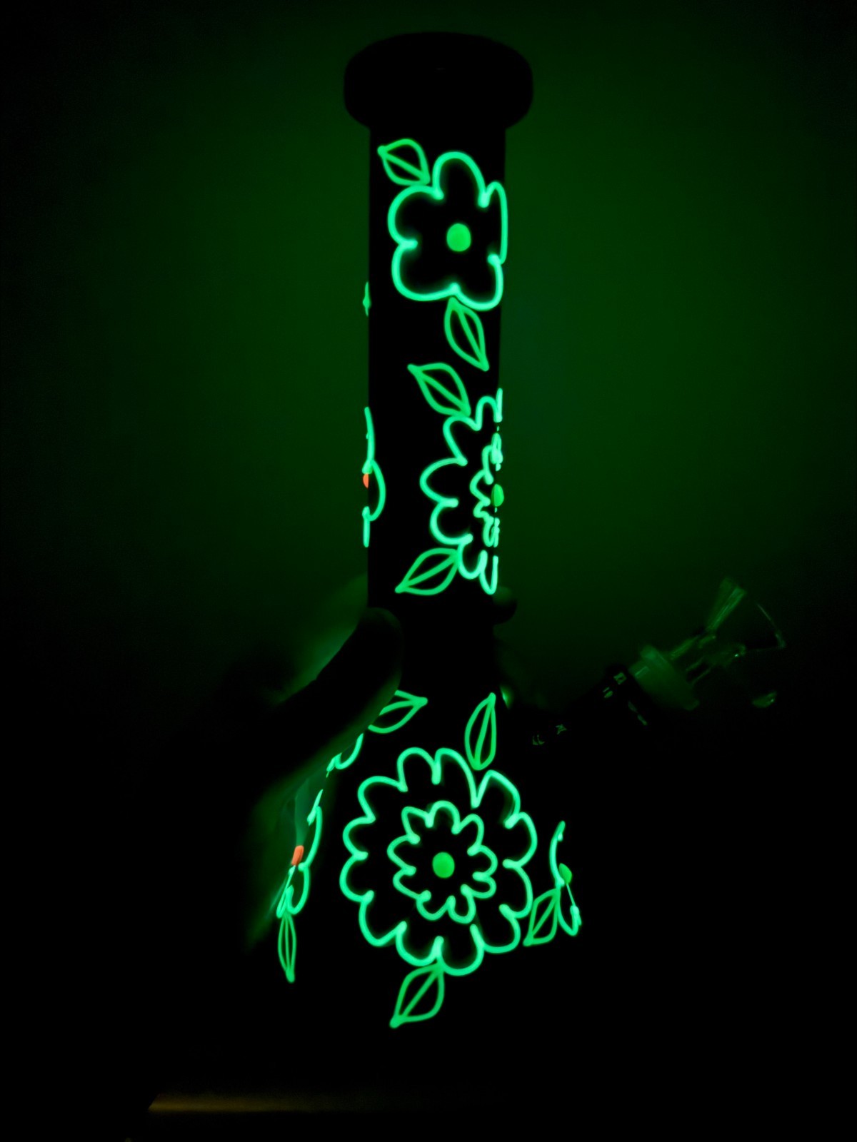10.5” Premium Glass Water Pipe Beaker Glow in the Dark Floral 14mm