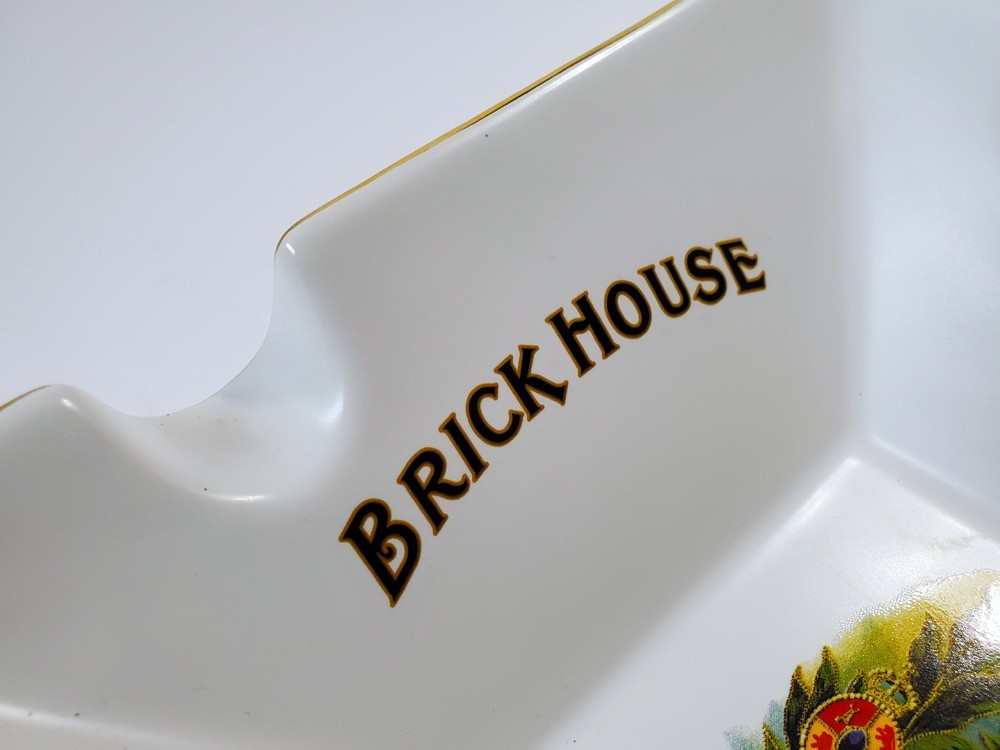 Large BRICK HOUSE TOBACCOS Deep Dish Cigar Ashtray Gold Trim 4 Rests Ceramic