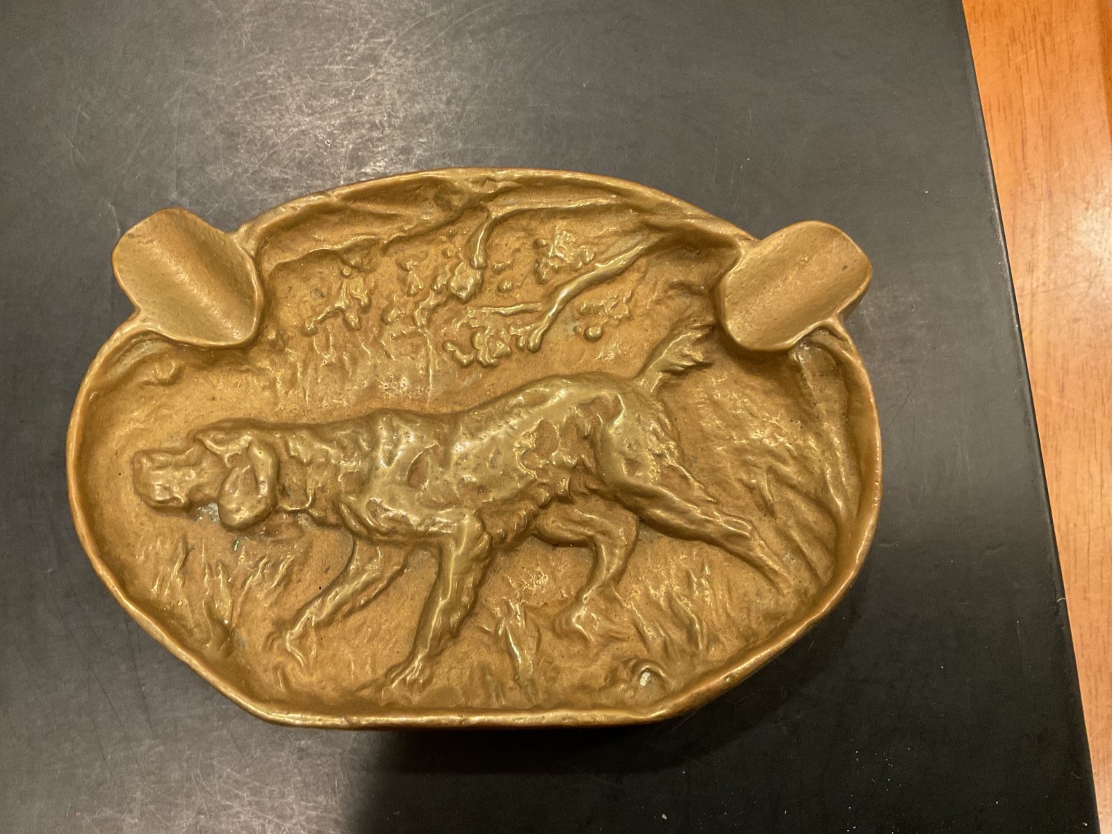 Vintage Solid Brass Ashtray–Hunting Dog / Trees Relief–Oval Shape– 5.5” x 3.5”