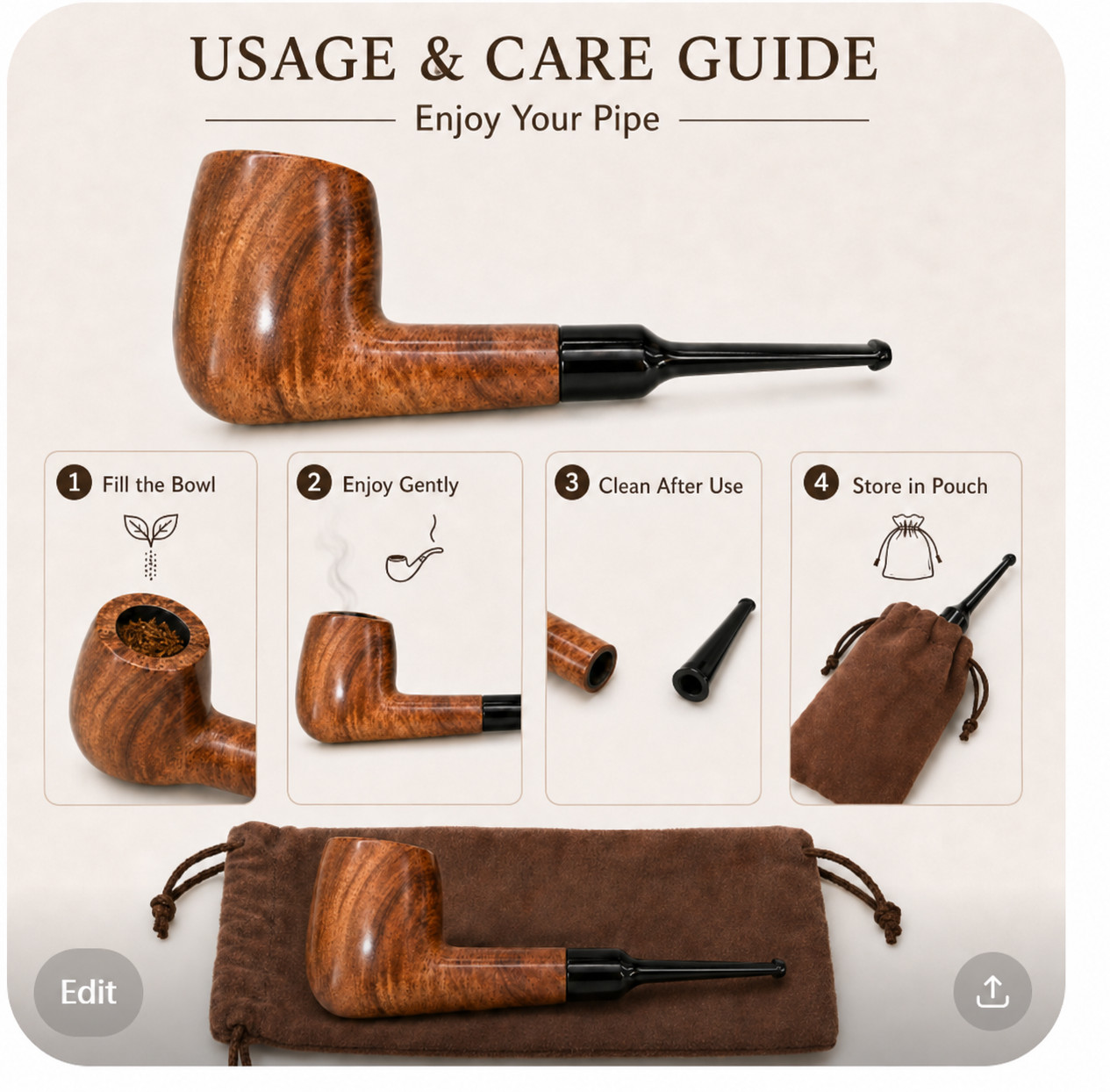 Classic Wooden Tobacco Smoking Pipe 9mm Filter Glossy Black Stem Natural Grain w