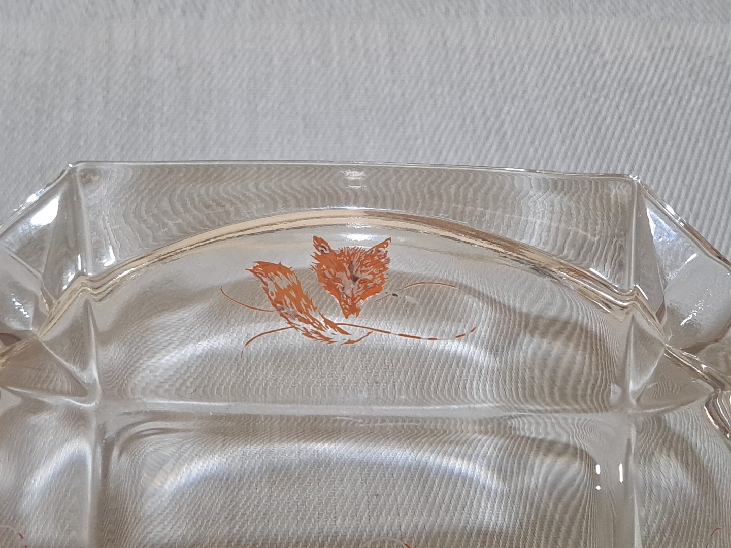 VTG RARE Square Clear Glass Fox And Whip Engraved Cigar Cigarette 8in Ashtray