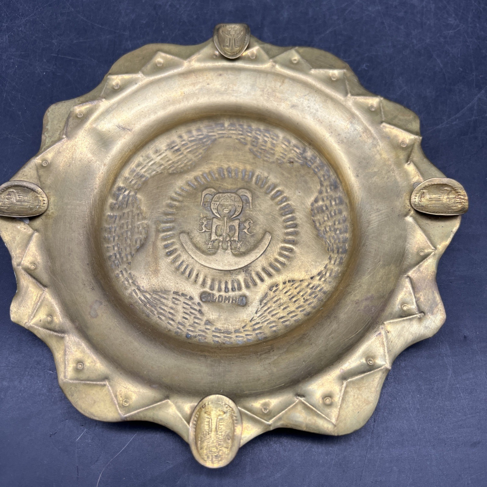 Vintage Colombian Tribal Brass Ashtray Thin Metal Intricate Detail