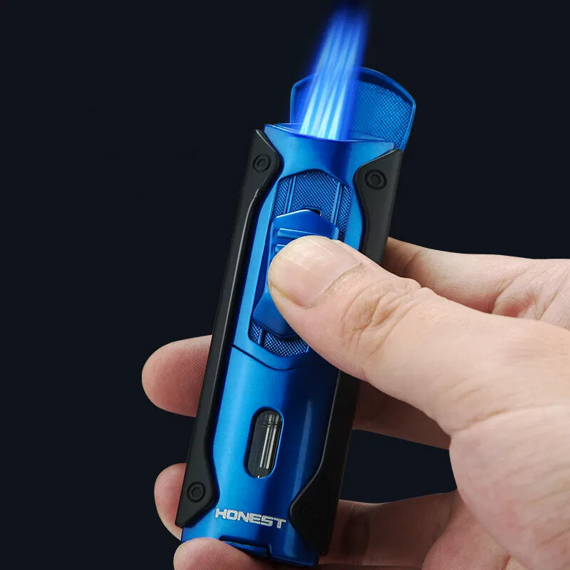 4 Torch Blue Flame Metal Windproof Butane Gas Cigar Lighter Cigar Cutter Gift