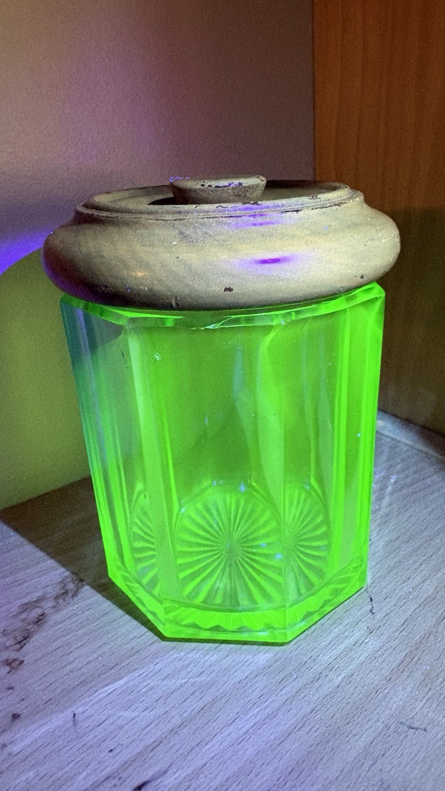 Tobacco Jar Uranium Glass with Wood Lid