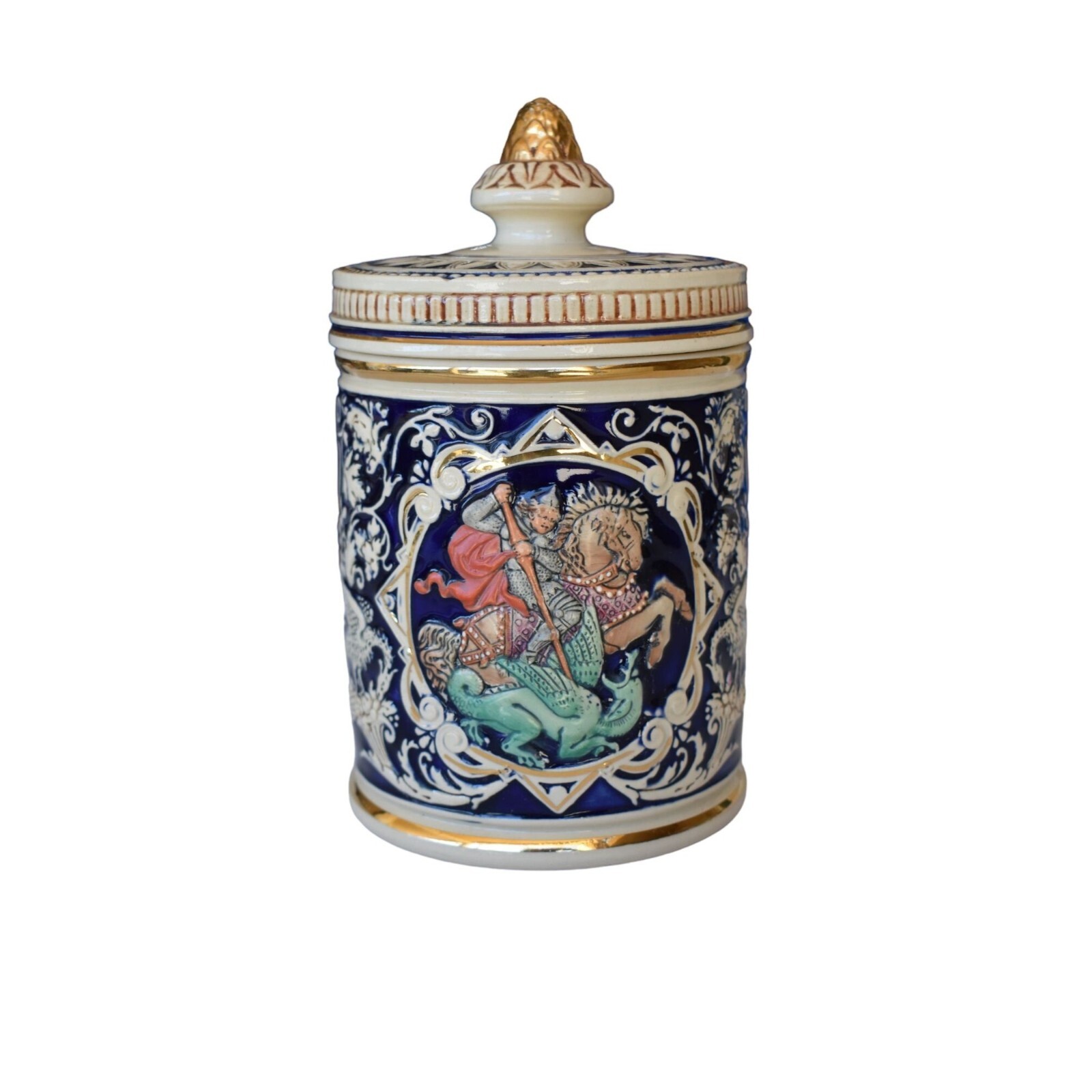Vintage Medium Hand Crafted German Stone Wear Dragon Slayer Tobacco Jar 8X5