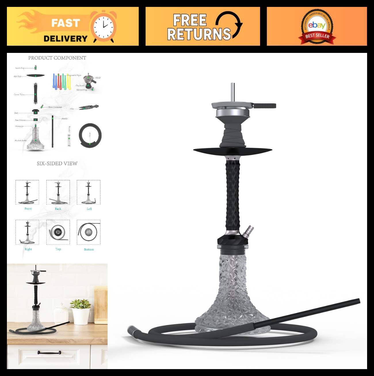 Complete Hookah Set – 22″ Aluminum & Glass, Premium Shisha, 1 Hose, Coal Holder,