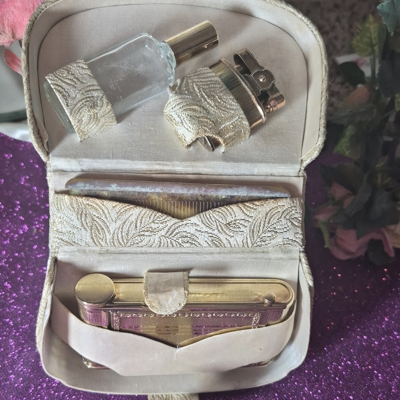 Simson Silver Cigarette Lighter w/ Fabric Carry Case & Glass Bottle