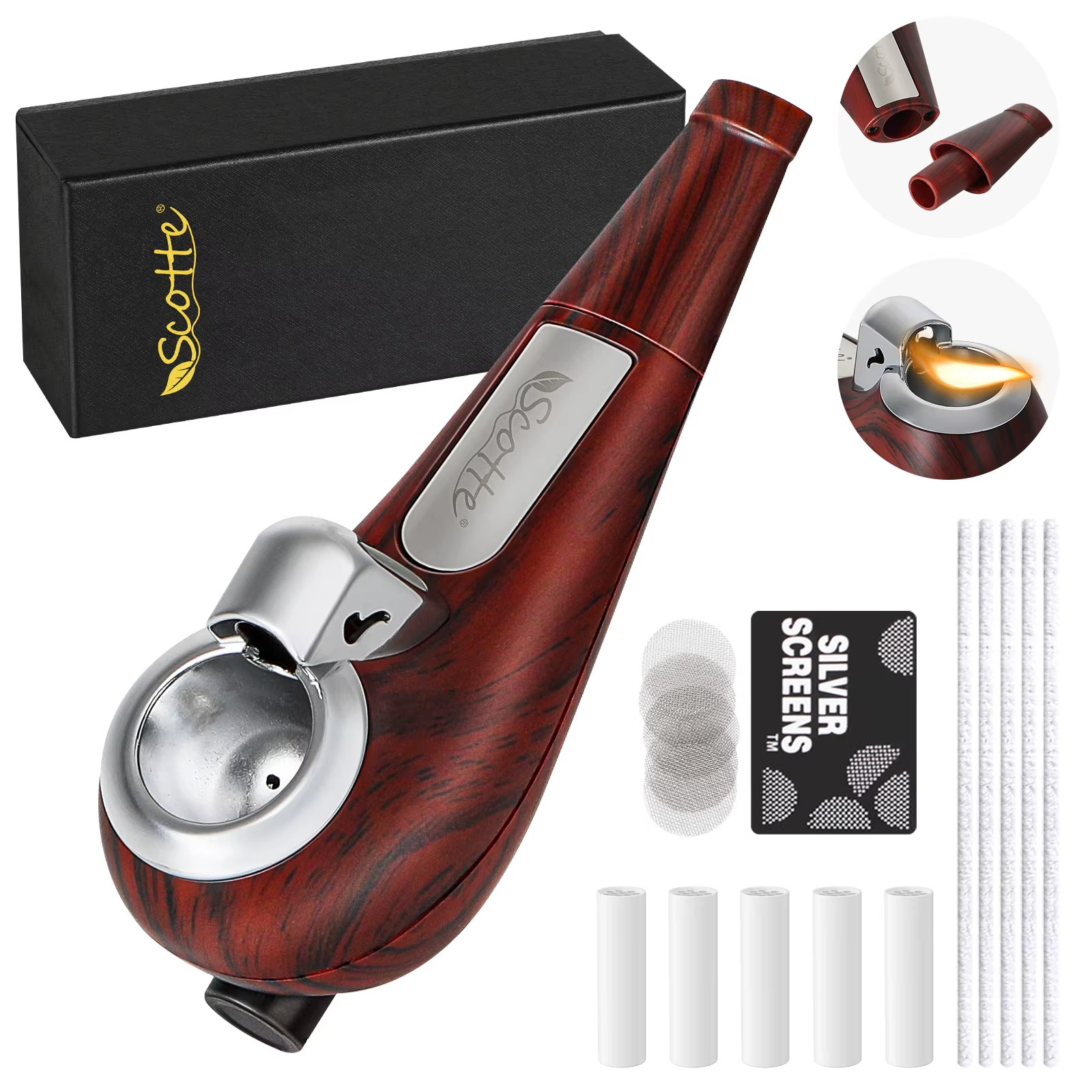 Portable Pipe, Mini Pipe with Refillable Pipe Lighter Function, Include Pipe Fil