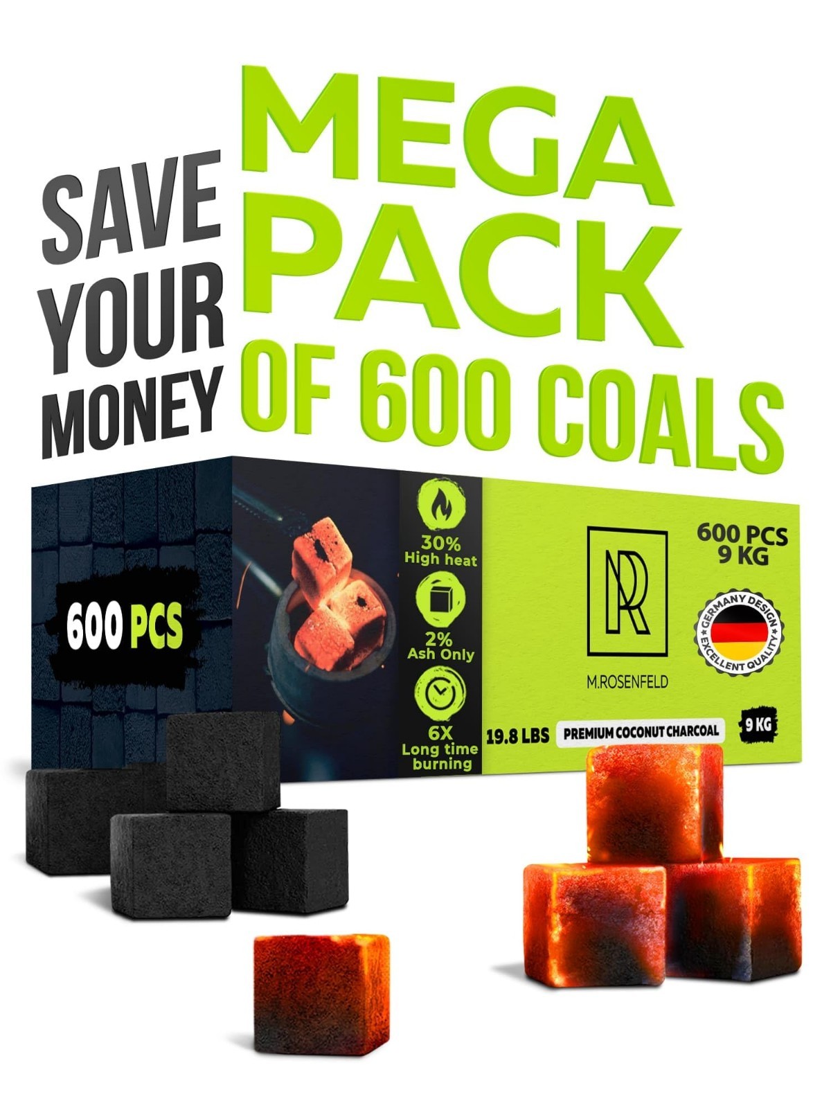 600 Pcs Premium Coconut Hookah Charcoal Coals – 25mm Natural Cube Pack (19.8 lbs