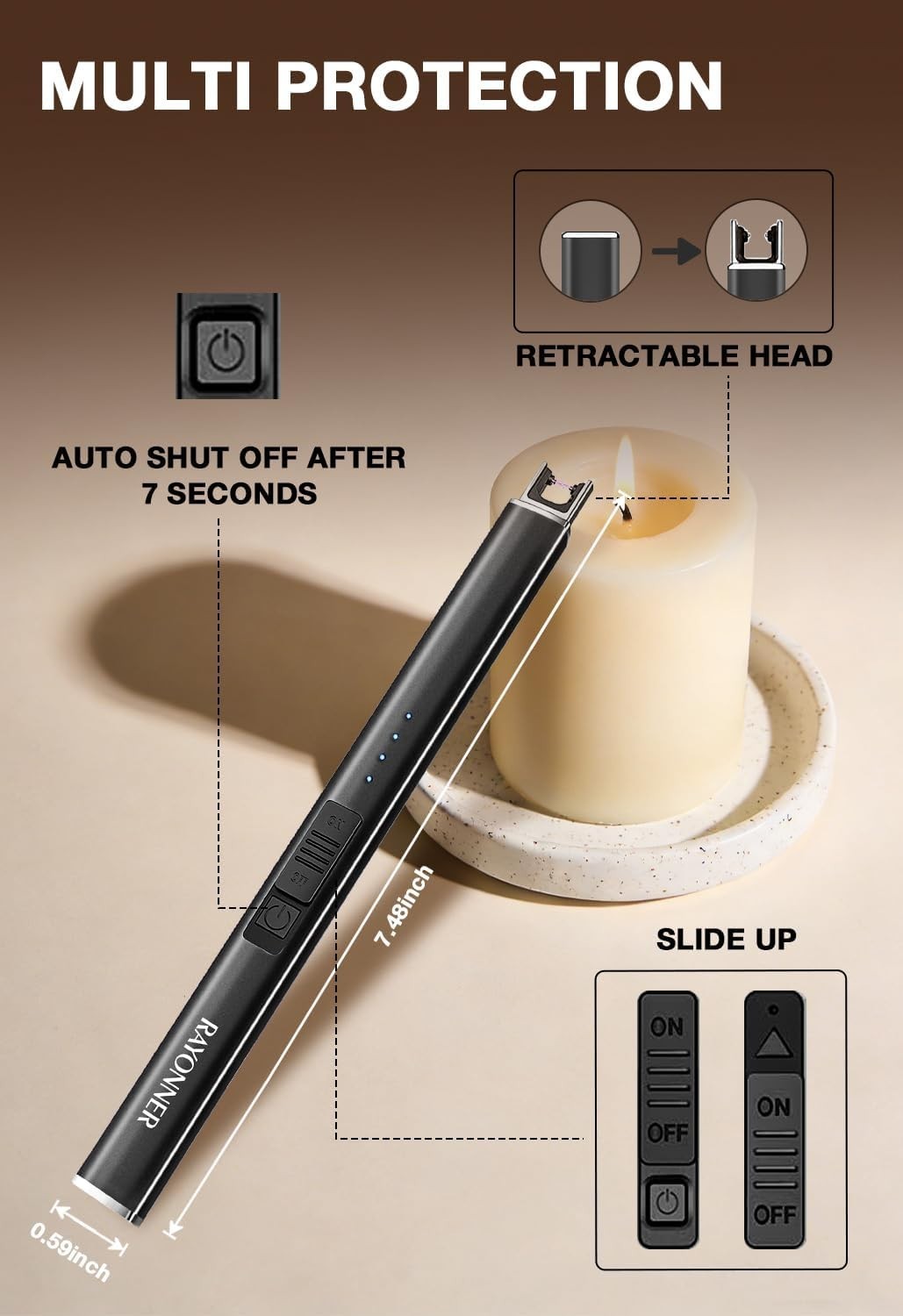 Rayonner Rechargeable Electric Candle Lighter for Deep Jars Windproof & Flameles