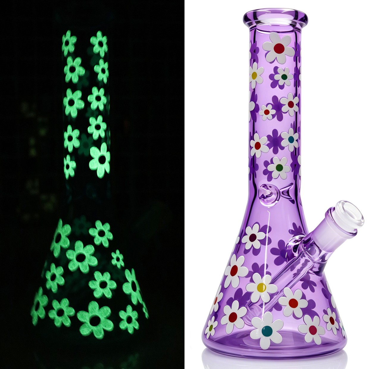 Fluorescent 10in Glass Bong Water Pipes Smoking Beaker bongs Hookah w/14mm Bowl