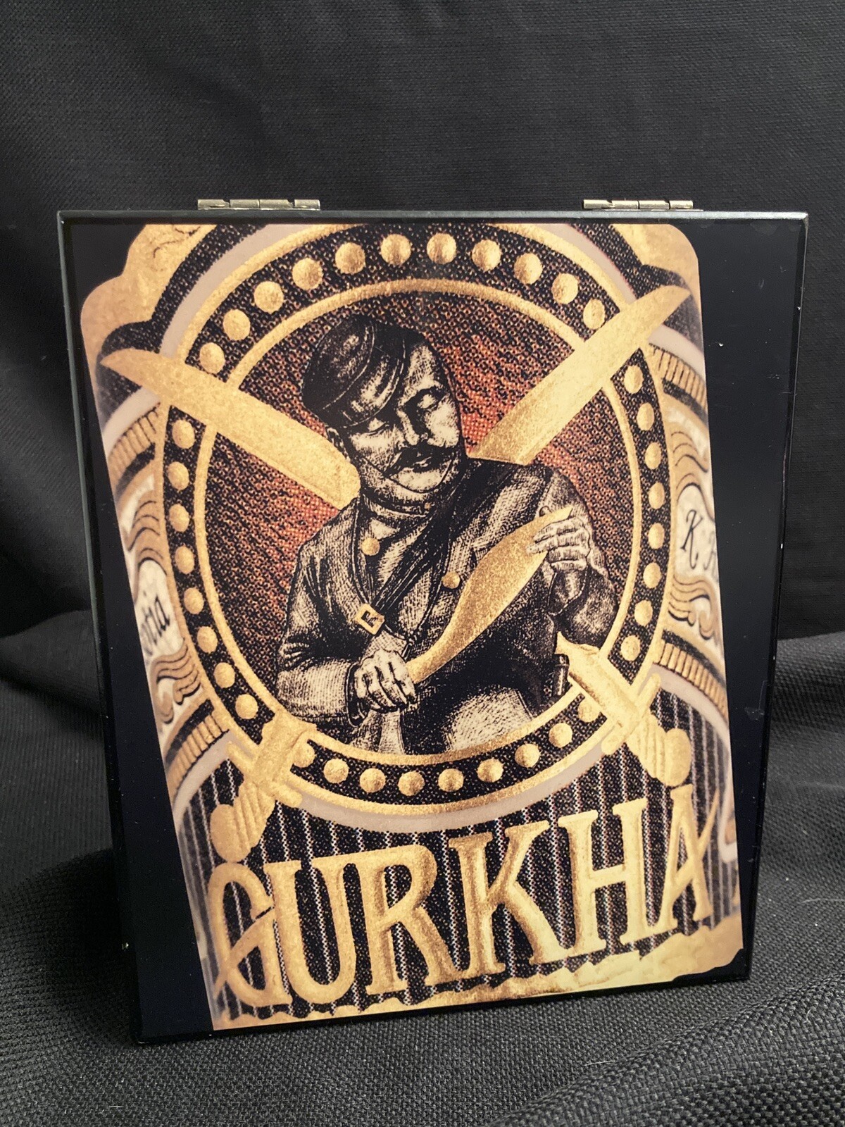 Unique GURKHA Cigar Box Black Yellow Swords Soldier; 8.5”x7”x3”; Clean Interior