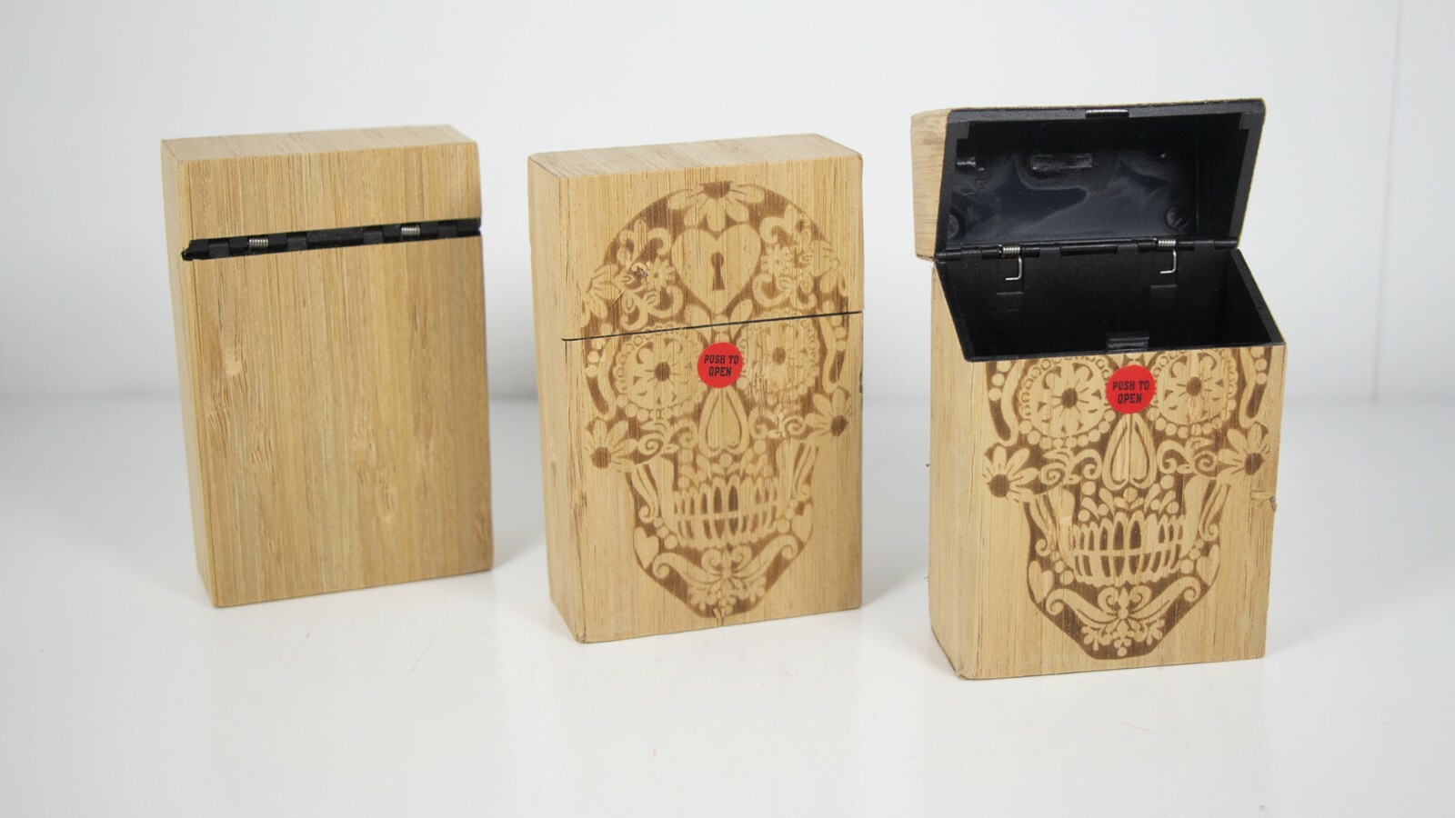 12 Sugar Skull Wooden Finish Push Open Cigarette Case Pack Holders for King Size