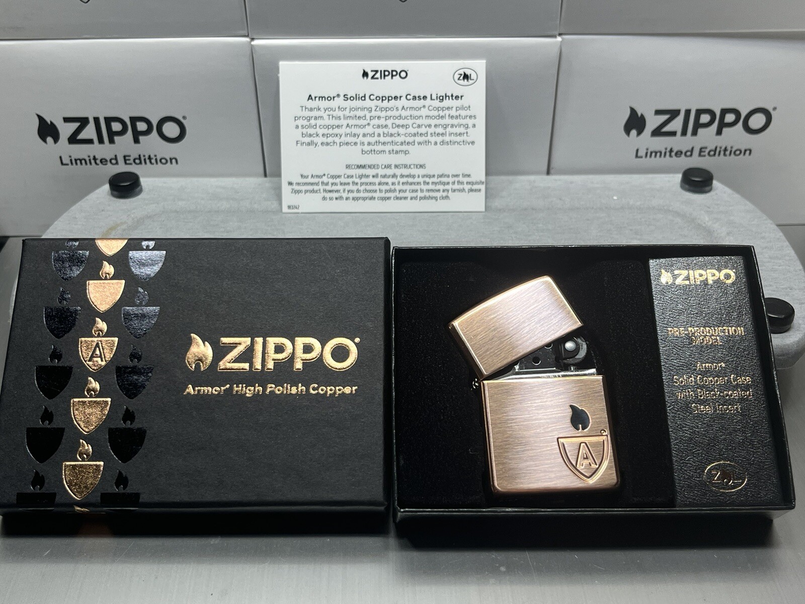 Zippo Lighter Limited Edition Solid Copper Case Armor Lighter, Black Insert NEW