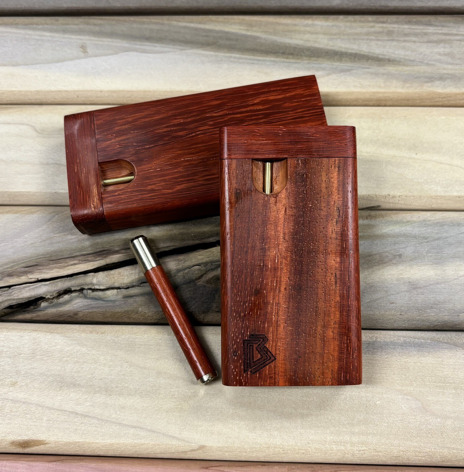 Exotic Padauk Wood 3.5″ Dugout Stashbox w Brass Poker & Bat/One Hitter Pipe Set