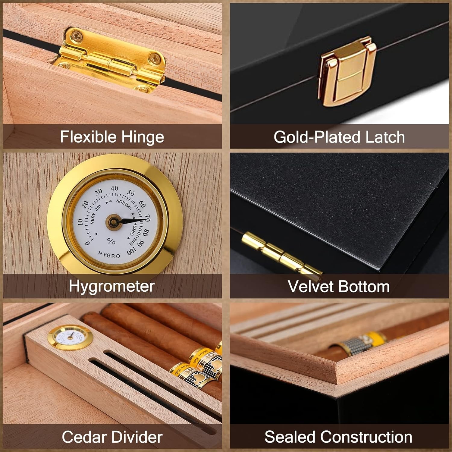 Cigar Humidor in High Gloss Black for 10-15 Cigars, Luxury Hygrometer Included