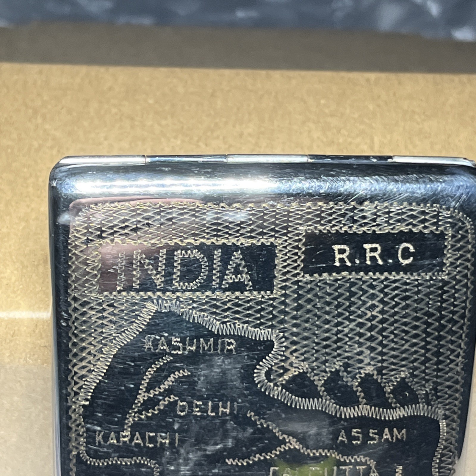 Vintage India R.R.C Map Metal Cigarette Case Holder Curved Engraved