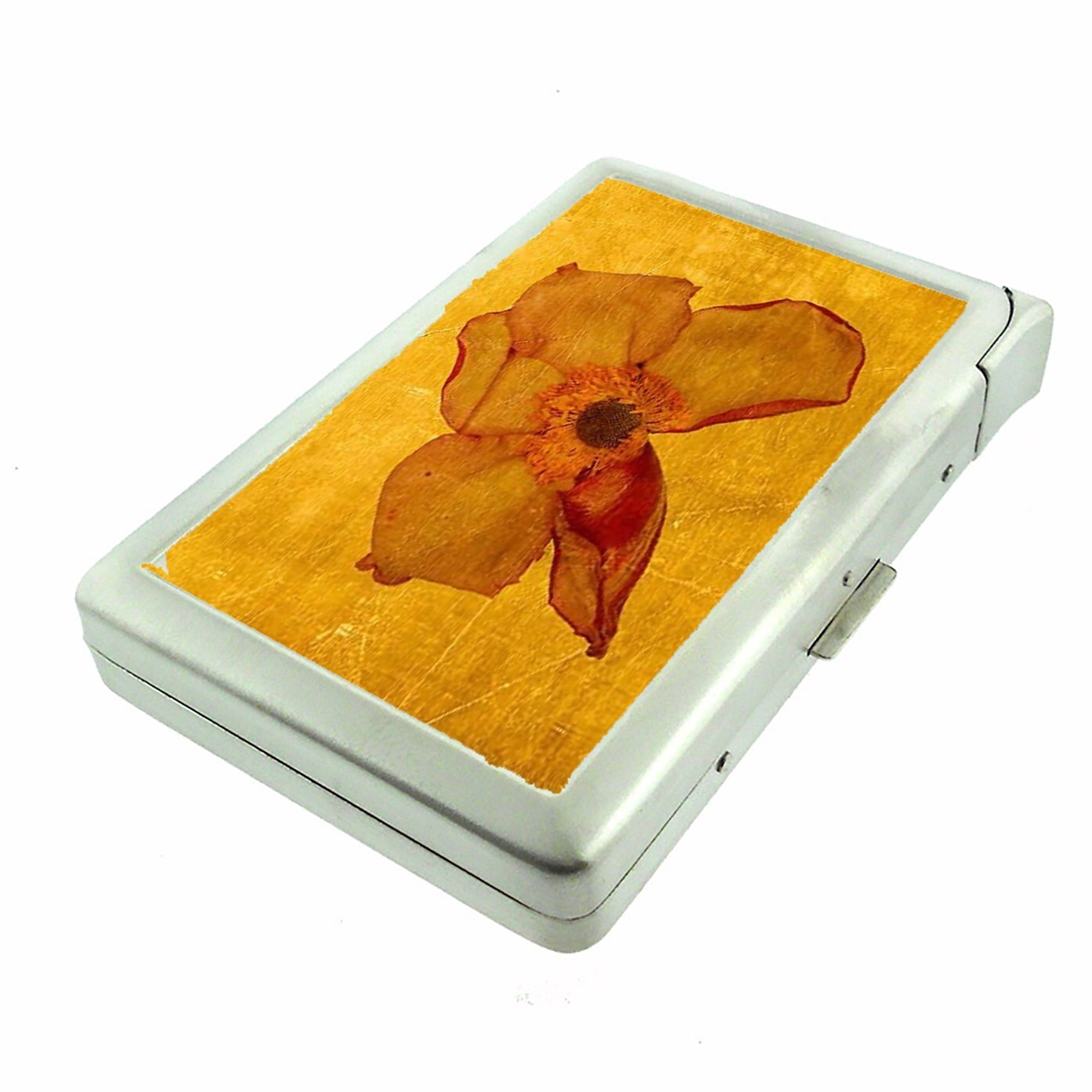 Stamped Yellow Flower Cigarette Case with Built in Lighter Metal Wallet