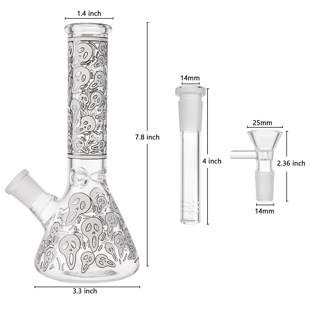 7.8″ Skull Fluorescent Glass Bong Glass Water Pipe Smoking Tobacco Beaker 14MM