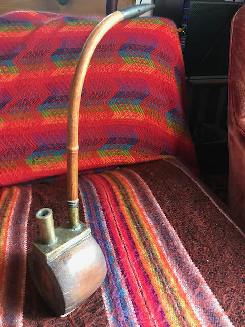 Unique Vintage Wooden Leather and Brass Pipe As Is Large 13″ tall