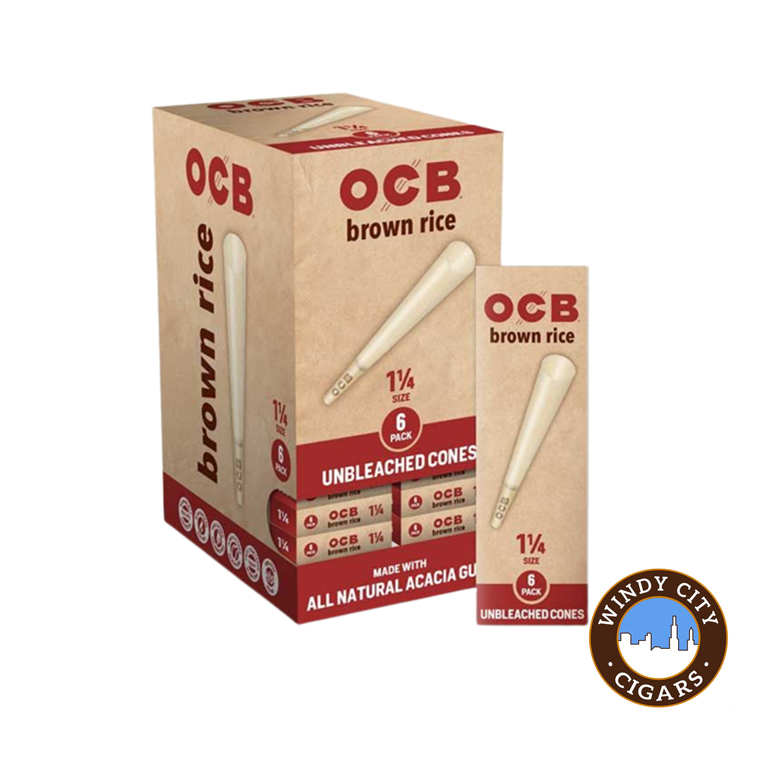 OCB Brown Rice Unbleached 1 1/4 Size 6 count -10 pack Cones